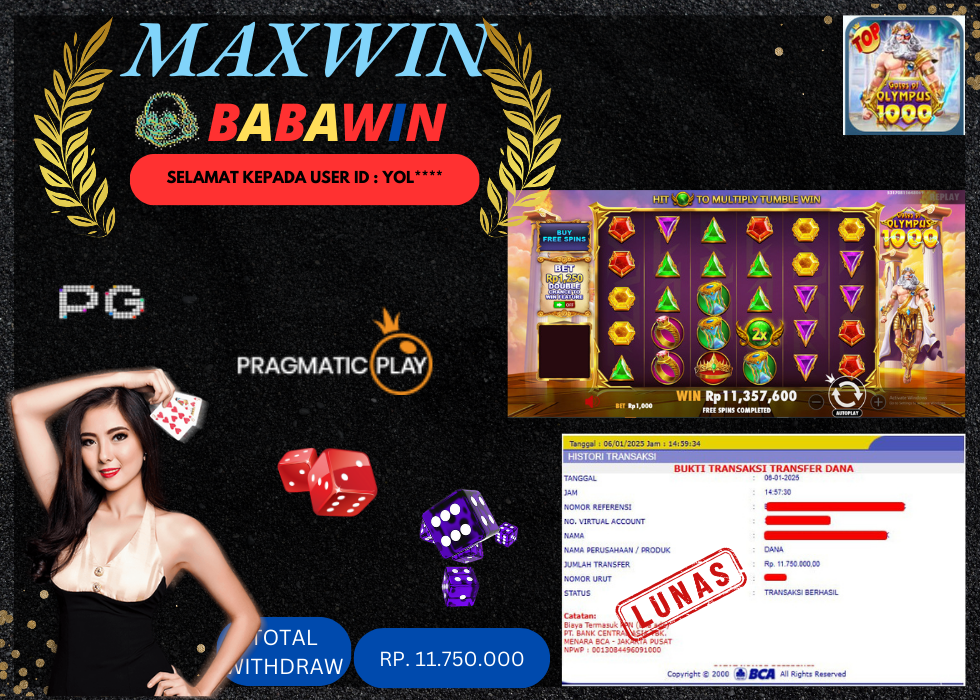 BABAWIN JACKPOT SLOT GATES OF OLYMPUS 1000 Rp. 11.750.000,- LUNAS